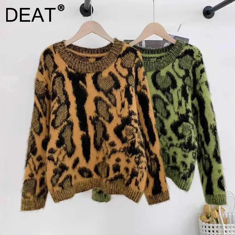 Autumn Winter New Leopard Print Round Neck Pullover Sweater For Women Elegant Knitted Tops Female Trendy 11A07744