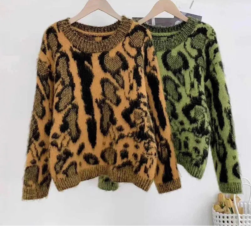 Autumn Winter New Leopard Print Round Neck Pullover Sweater For Women Elegant Knitted Tops Female Trendy 11A07744