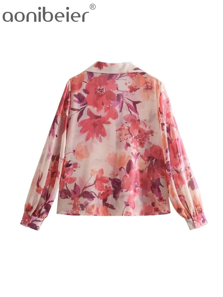 Aonibeier Summer Women Printed Suits Traf Wrist Sleeve V Neck Casual Shirt Female Pleated Maxi Long Skirt Sets Y2K Street