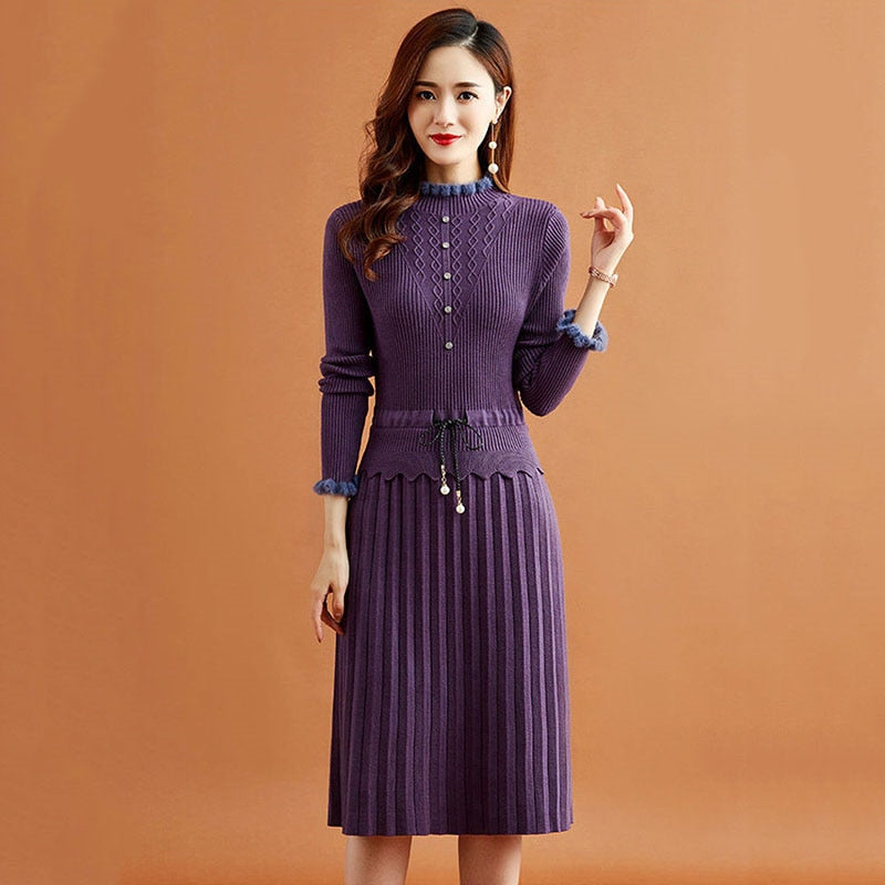 Robe tricotée plissée deux pièces pour femmes, Vintage, élégante, pull à bascule, Slim, manches longues, automne hiver, robes mi-longues
