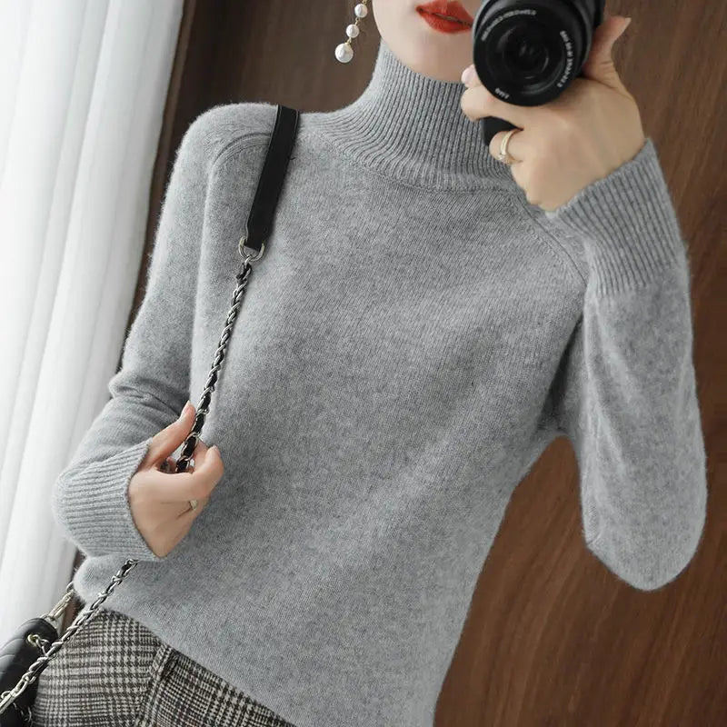 Turtleneck Pullover Fall/winter 2023 Cashmere Sweater Women Pure Color Casual Long-sleeved Loose Pullover Bottoming Women's Light Gray