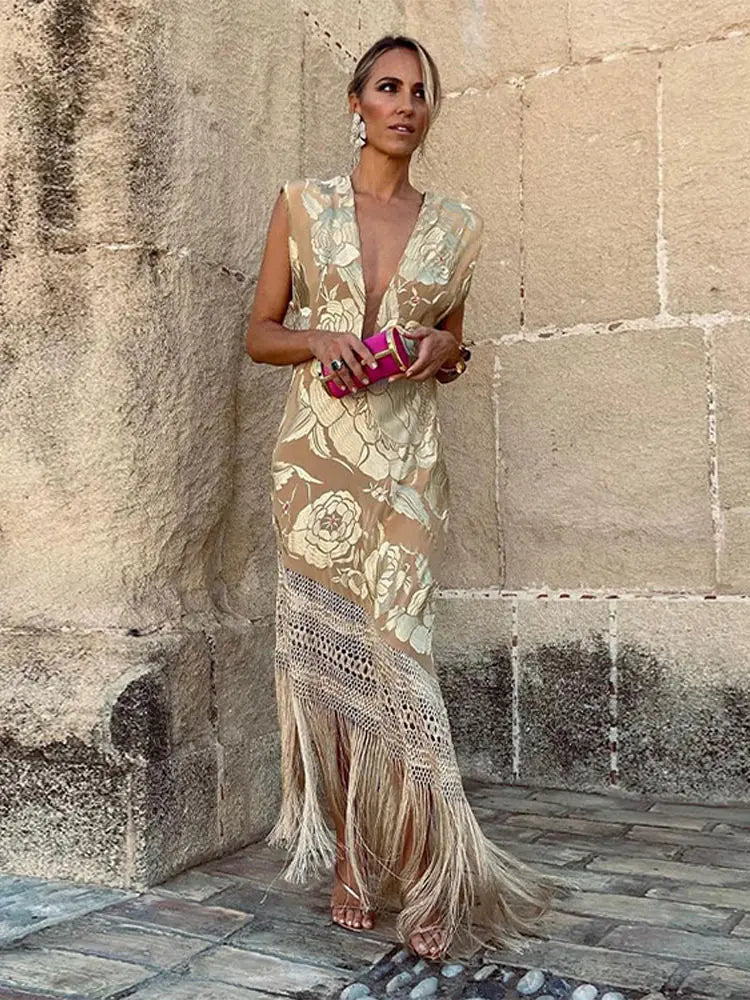 Women V Neck Tassels Dress Sexy Sling Sleeveless Backless Slim Dresses Spring Summer Elegant Female Casual Party Prom Vestido Figure Color