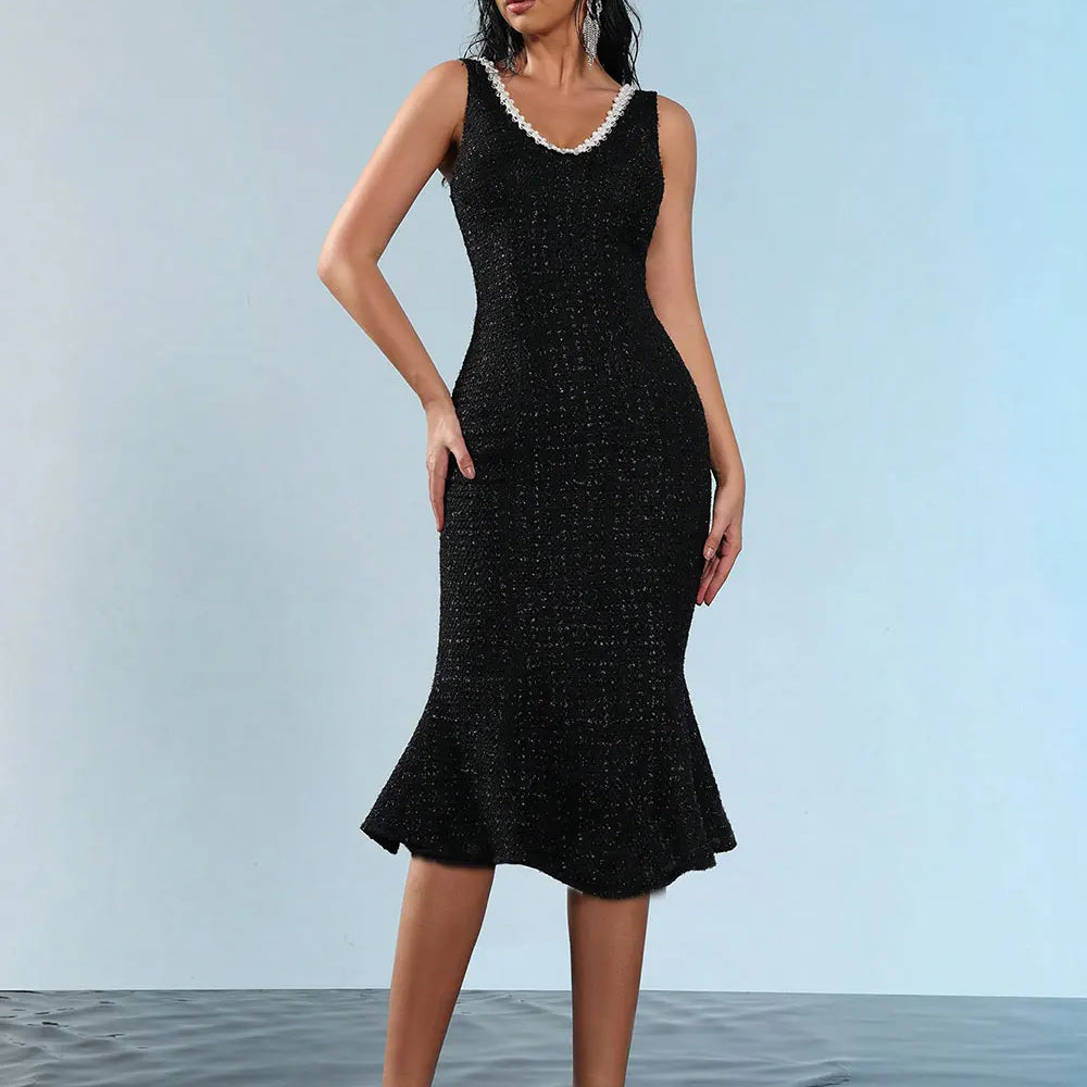 2025 Elegant Women's Nail Bead Design Fishtail Dress V-neck Sleeveless Bodycon Flute Dresses Cocktail Evening Party Vestidos black