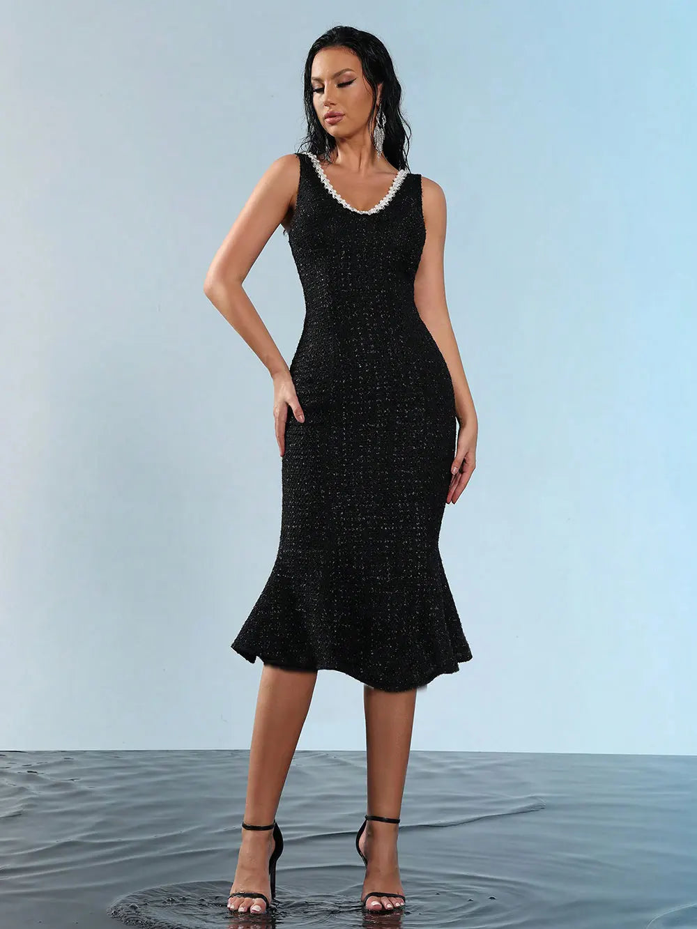 2025 Elegant Women's Nail Bead Design Fishtail Dress V-neck Sleeveless Bodycon Flute Dresses Cocktail Evening Party Vestidos black