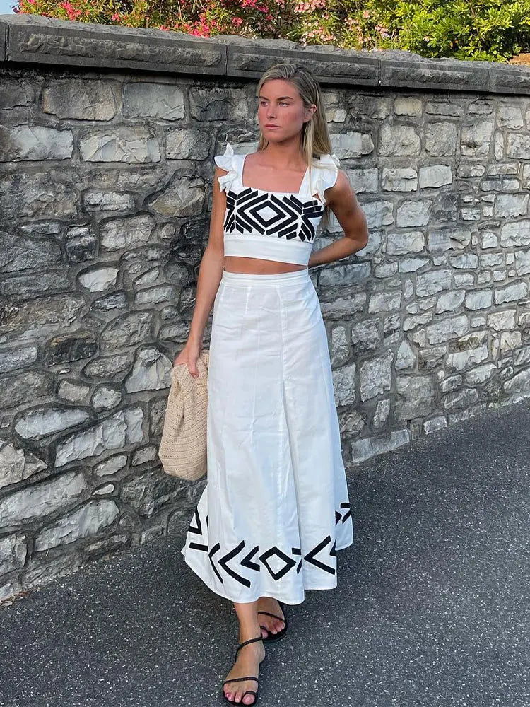 Fashion Sleeveless Short Top Skirt Set For Women Slim High Waisted Pattern Female Skirts Suit Casual Beach Holidays Prom Gowns