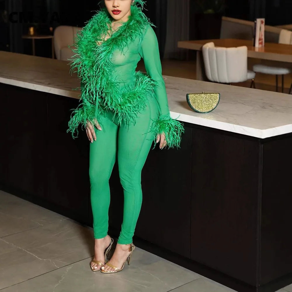 Fashion Mesh See Though Women's Set Feather Side Long Sleeve Crop Top and Legging Pants 2025 Sexy Two 2Piece Sets Outfit