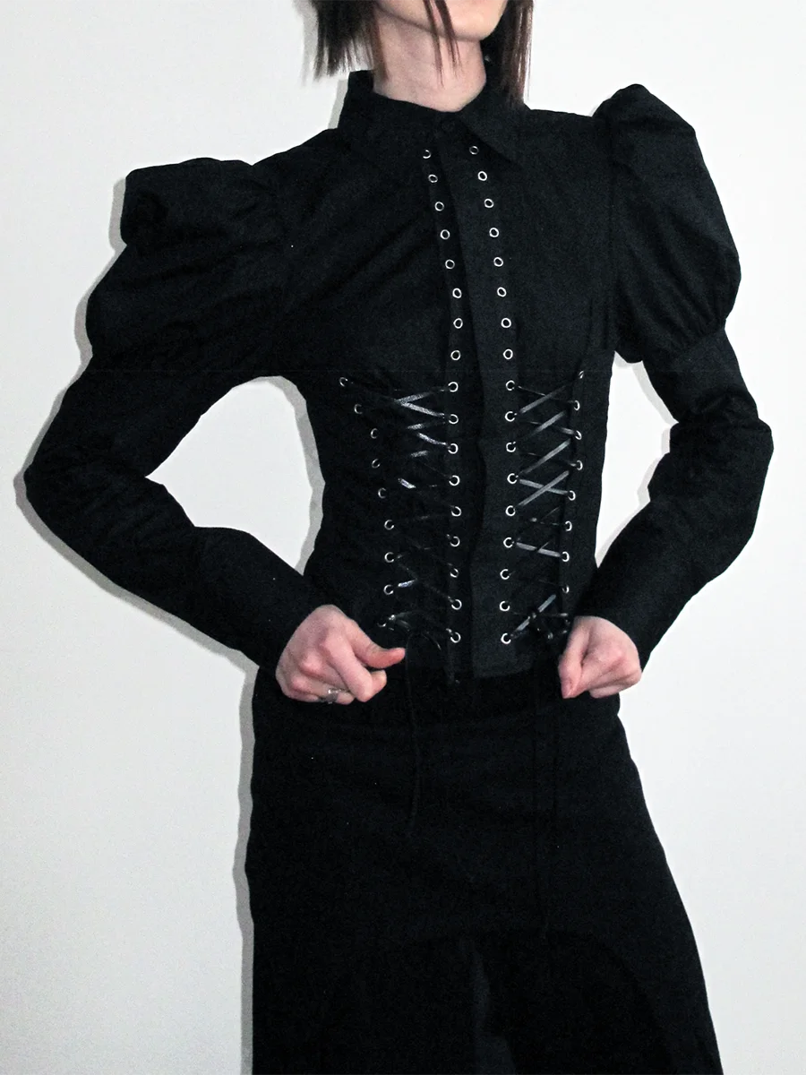 Solid Slimming Spliced Lace Up Elegant Blouses for Women Lapel Long Sleeves Patchwork Folds Top Female Clothing New BLACK