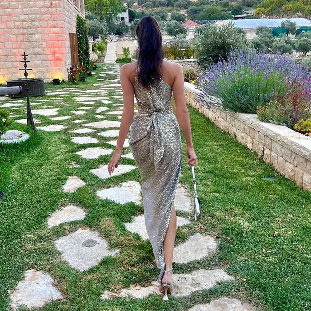 2024 Summer Sexy Hollow Out One Shoulder Champagne Sequins Ankle Length Dress Woman Evening Party Dress Beach Vocation Outfit