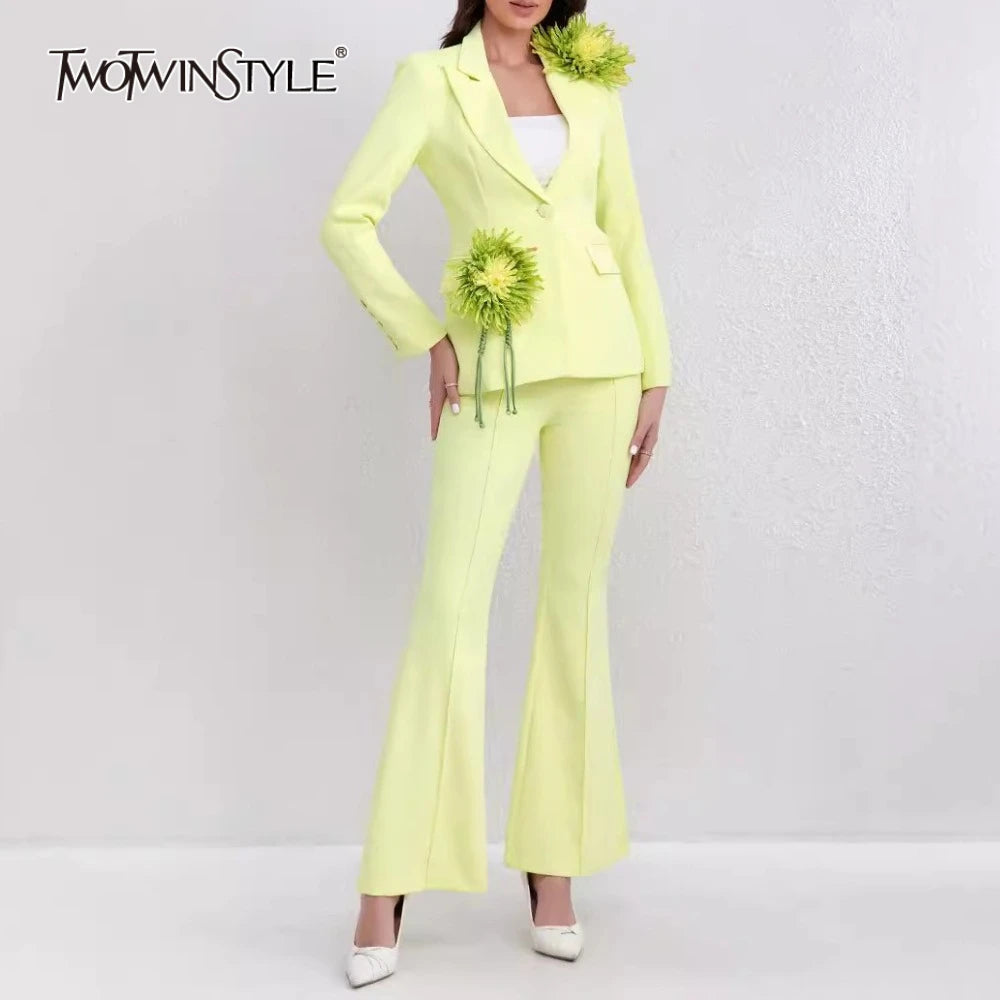 Solid Slimming Spliced 3D Flower Two Piece Sets for Women Lapel Long Sleeves Patchwork Button Top Pant Set Female