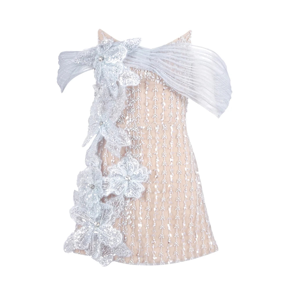 Dreamy Beige 3D Floral Sequin Pearl Design Off Shoulder Strapless Mini Dress for Party Evening Gown Beige