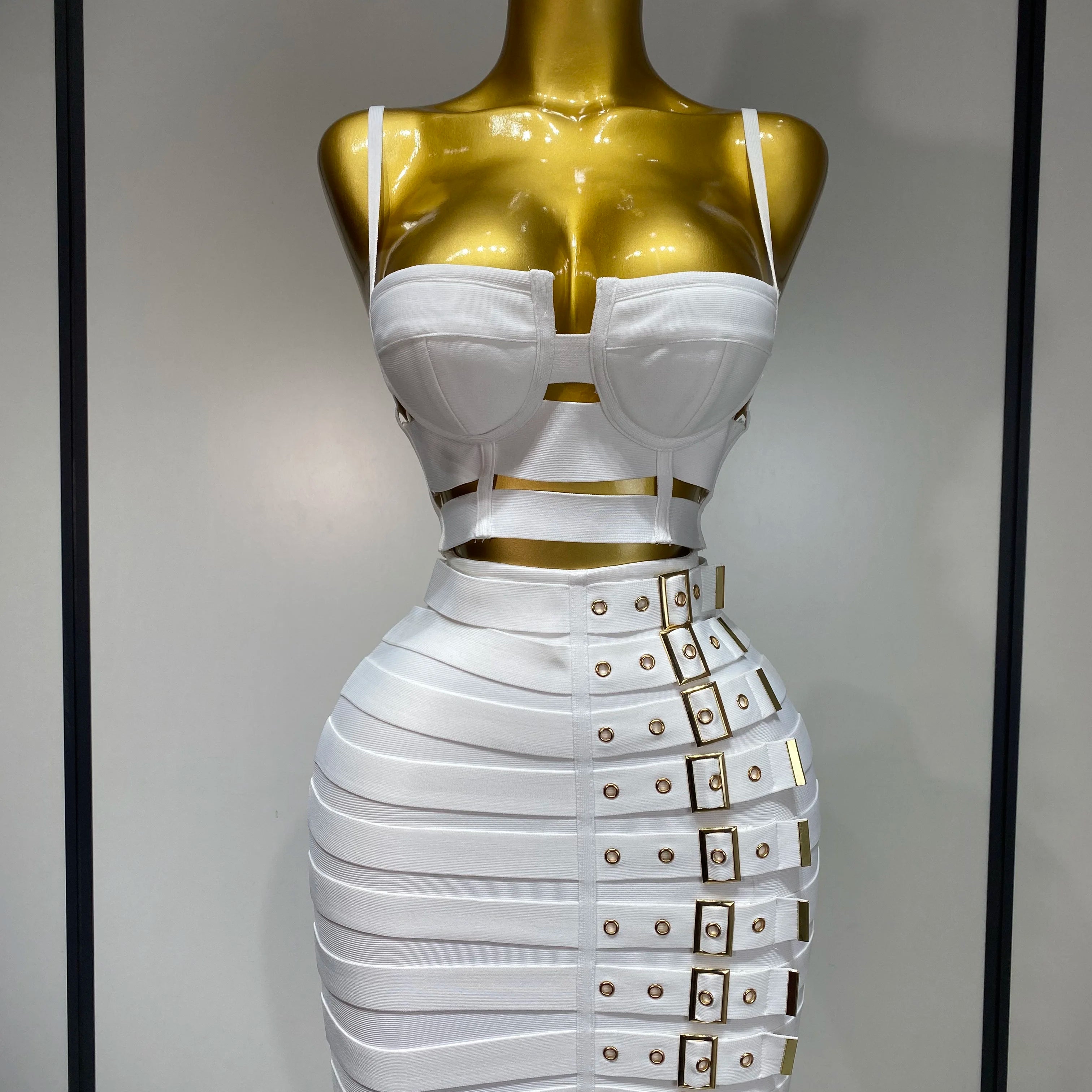 Women Sexy Cut Out Mini Bodycon Bandage Skirt Two Piece Set 2025 Celebrity High Streeet Evening Birthday Club Party Outfits WHITE