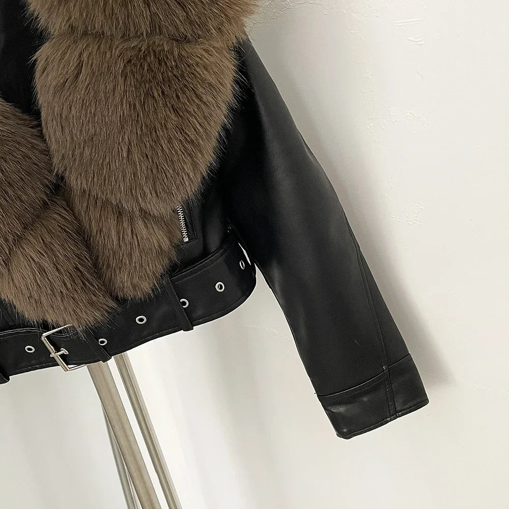 Fur Coat Eco-friendly Long Sleeve Autumn Faux Leather Jacket Short Clothing Female Spring New PU Fur Jacket Artificial Pockets