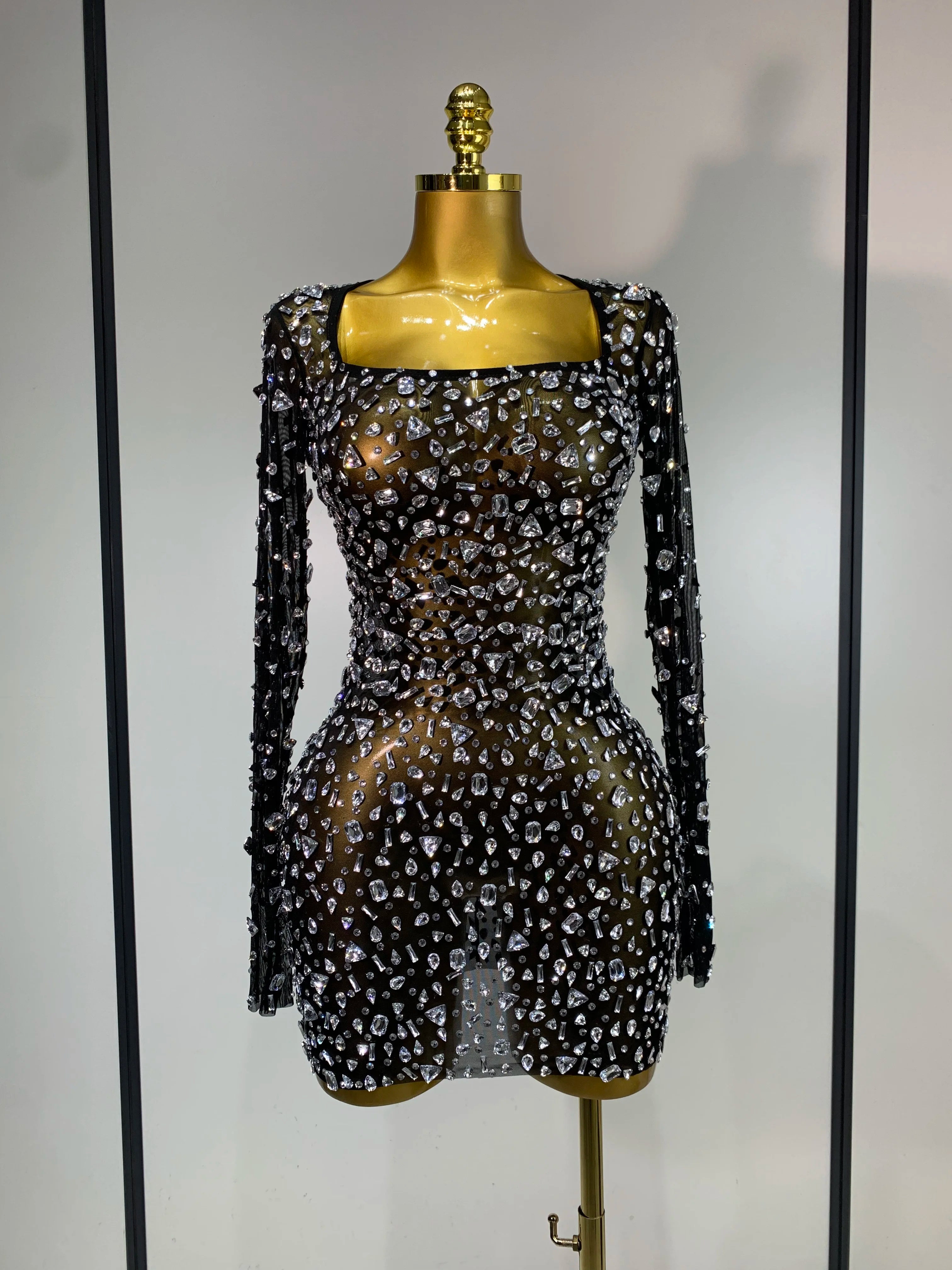 Sparkly Rhinestone Sexy Transparent Mini Dress Celebrity Evening Party Prom Birthday Photo Shoot Nightclub Stage Costume black