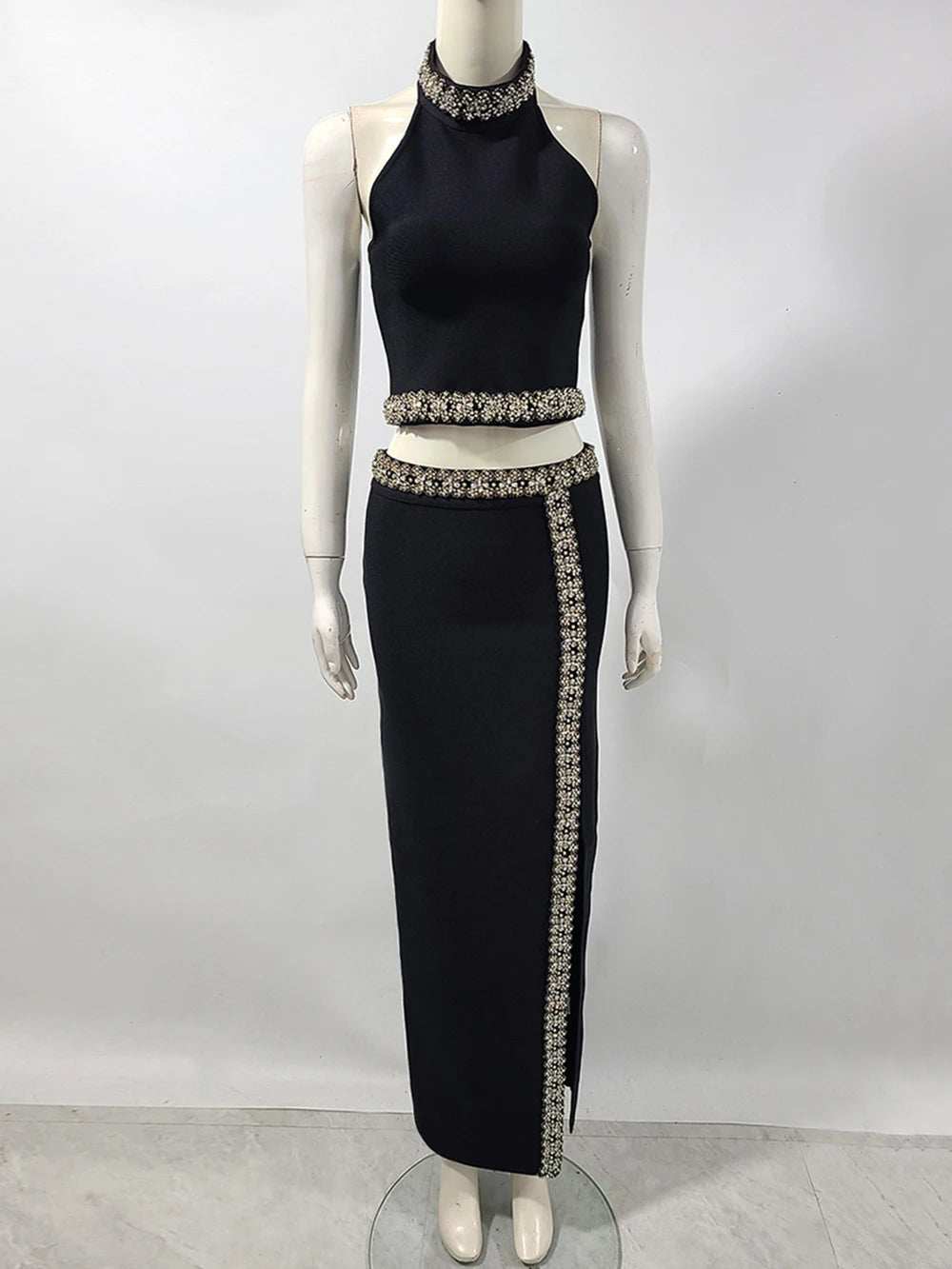 2025 Black Army Green Bandage Two Pieces Sets Sexy Diamond Bead Halter Top Long Skirt Women Bodycon Clothing Elegant Party Sets