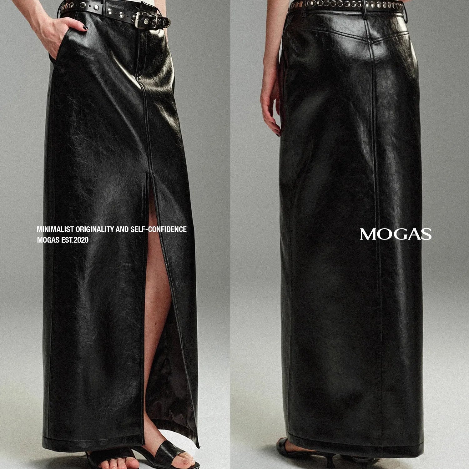 Lautaro Spring Autumn Shiny Black Pu Leather Maxi Skirt Women with Front Slit High Waist Extra Long Luxury Designer Clothes 2025