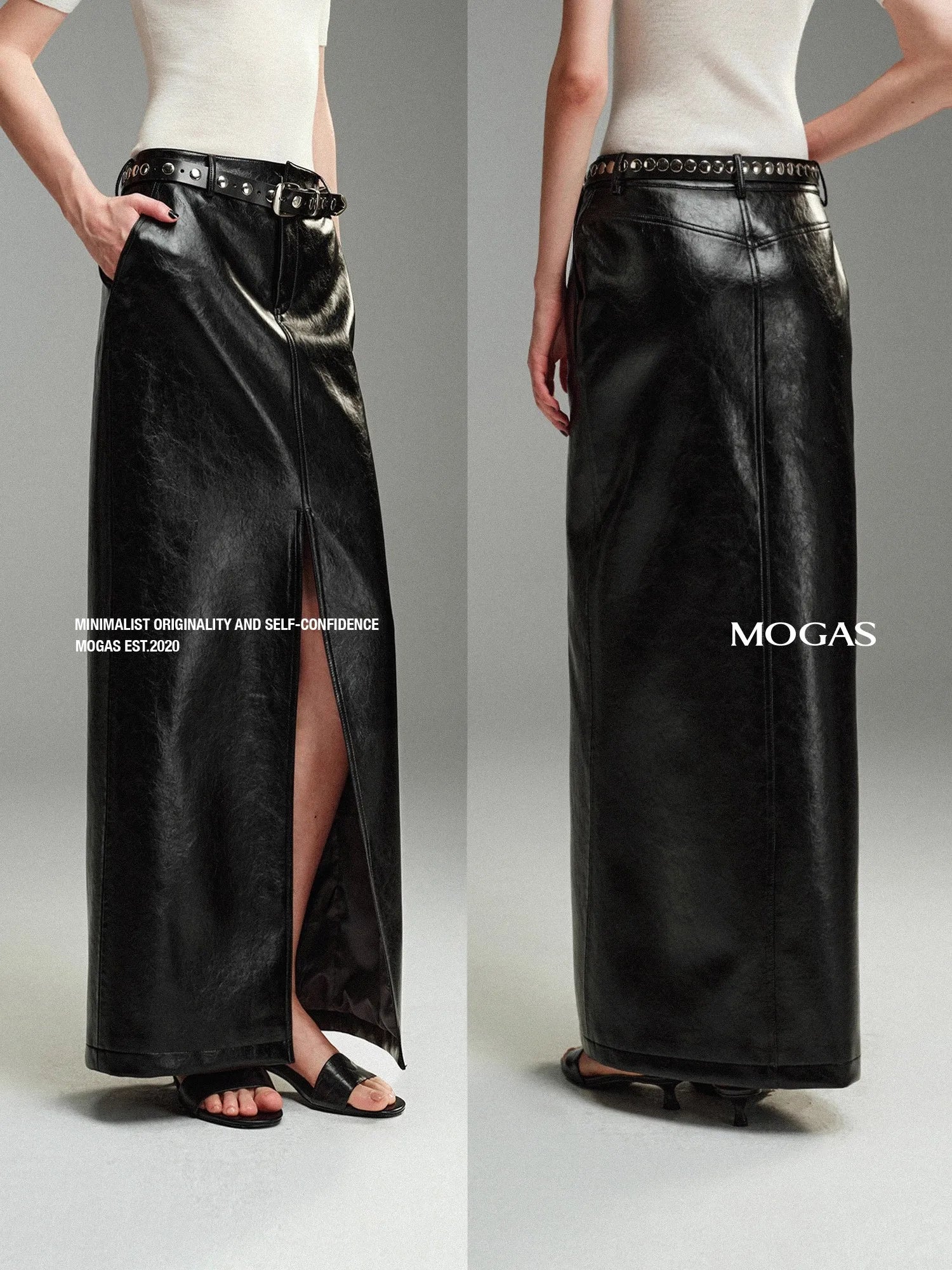 Lautaro Spring Autumn Shiny Black Pu Leather Maxi Skirt Women with Front Slit High Waist Extra Long Luxury Designer Clothes 2025