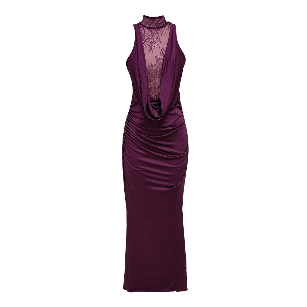 Sexy Turtleneck Lace Patchwork Long Dress Women Sleeveless Backless Pleated Celebrity Evening Party Gowns with Gloves PURPLE