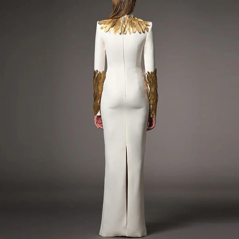 Hit Color Slimming Spliced Glod Feathers Dresses for Women High Neck Long Sleeves Temperament Dress Female Fashion