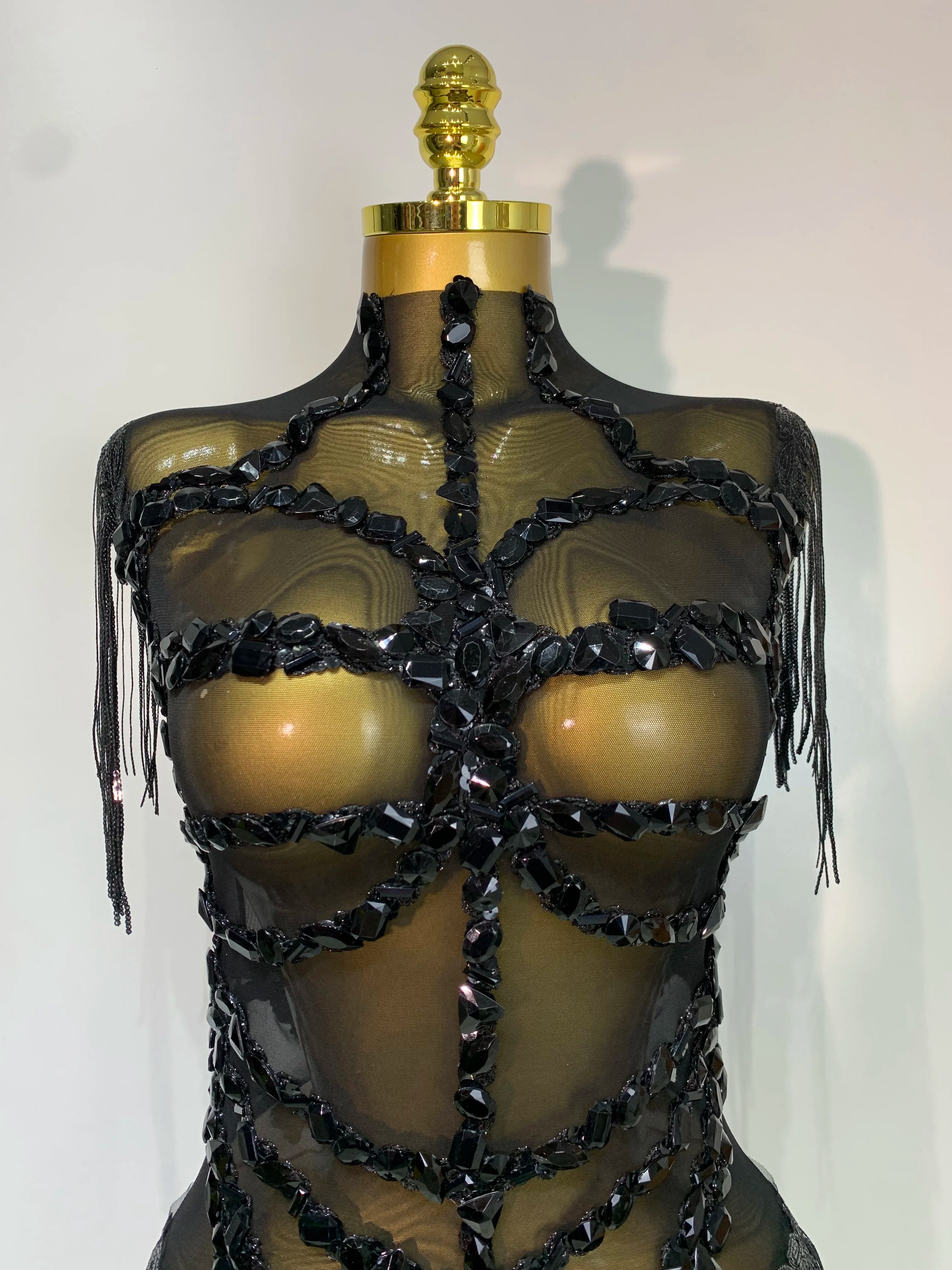 Sexy Mesh SeeThrough Black Rhinestone Bodysuit Singer Dancer Show Stage Outfit Celebrate Birthday party Club Performance Waer