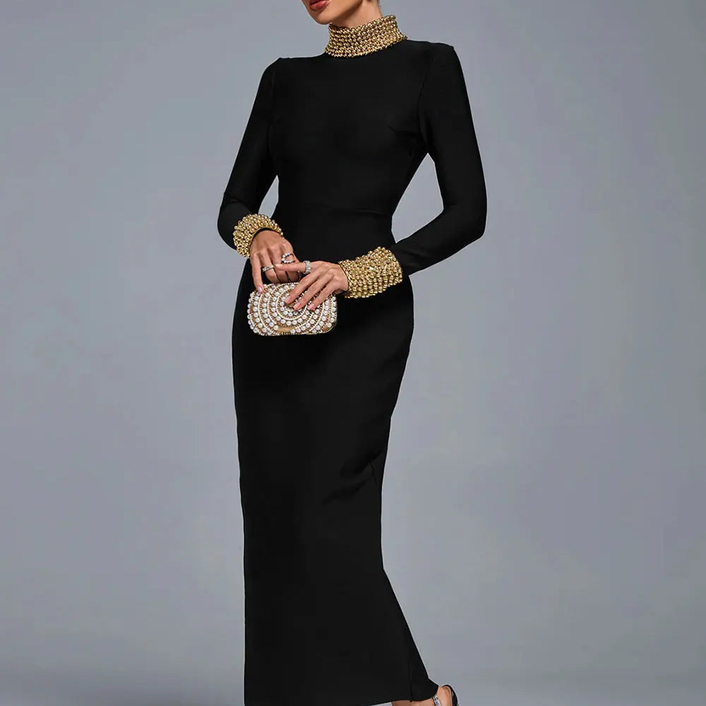 2025 Elegant Women Light Luxury Nail Bead Design Bandage Dress High Collar Long Sleeve Bodycon Long Dress Evening Party Vestidos