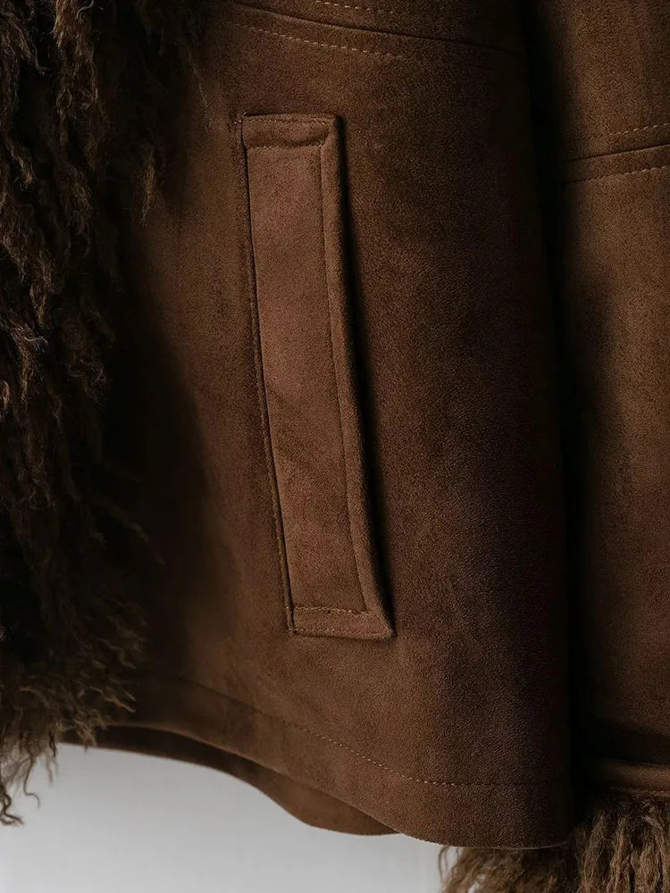 Women 2025 Autumn Winter New Solid Faux Fur Jackets Women Fashion Lapel Plush Coat Slim Elegant Patchwork Brown Short Coats