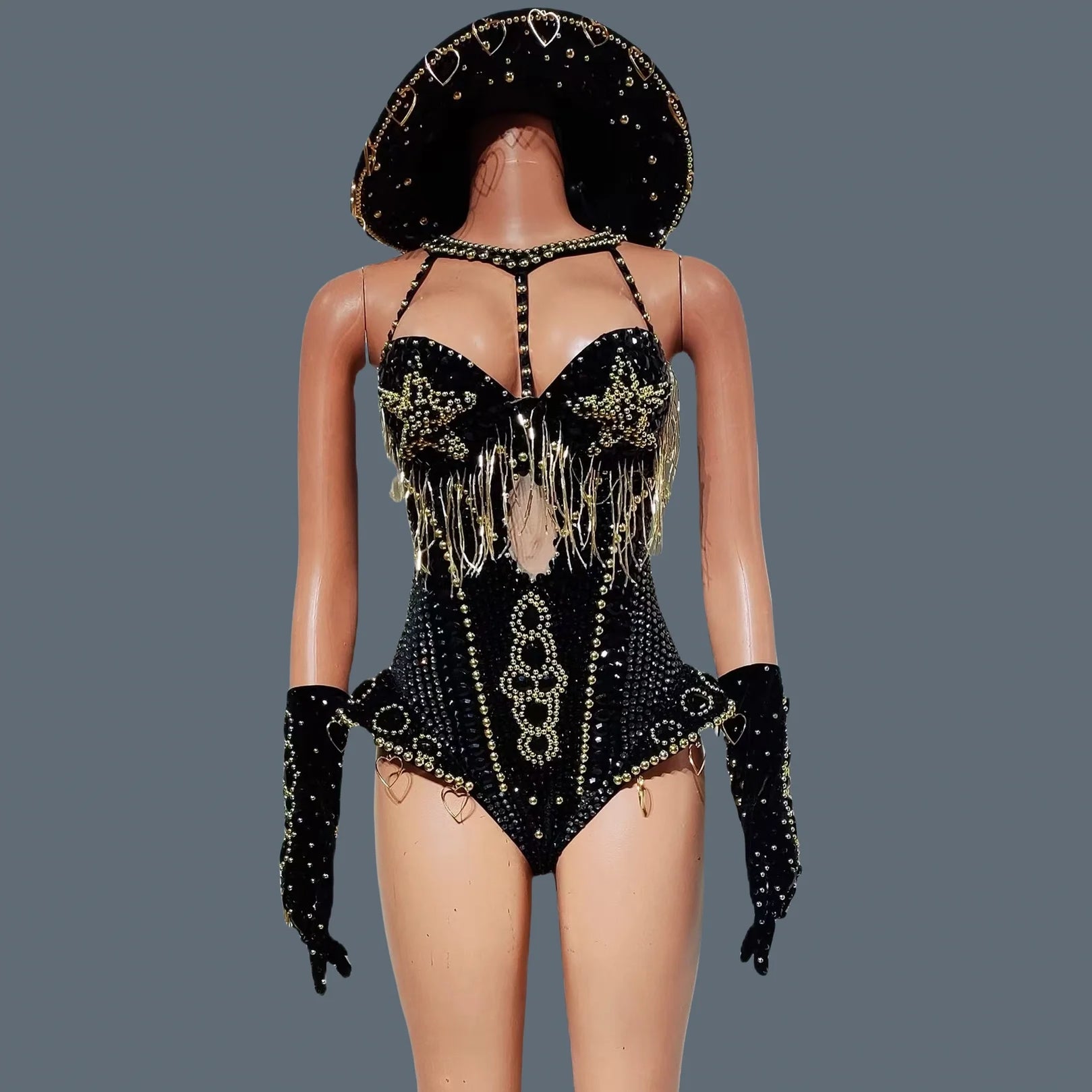 Sparkly Rhinestone Tassel Luxury Bodysuit 4Piece Set Cowboy Night Out Party Outfit Stage Show Jumpsuit Carnival Wear Hongding black