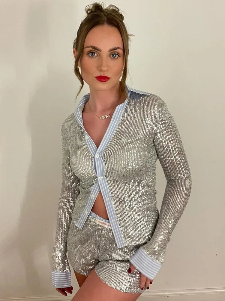 Mozision Silver Glitter Shorts Sets Women Contrast Color Single-breasted Shirt And Shorts Sparkle Two Piece Set Shorts Sets