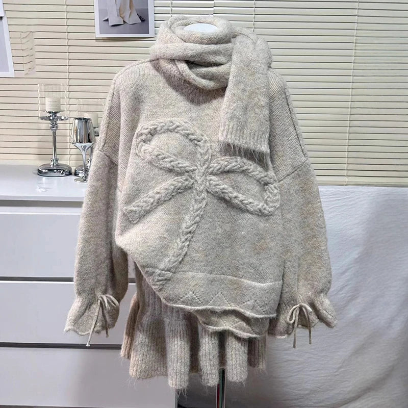 Autumn Winter New Style Scarf Bow Sweater Pullover Solid Color Knitted Skirt Three-Piece Set Set For Women 11A07911