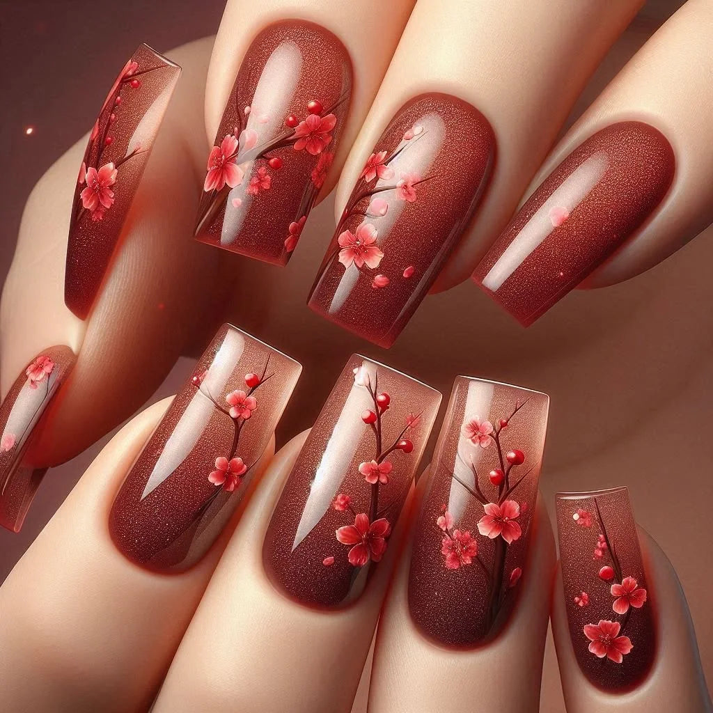 24pcs/set Medium Long fake nails for Spring summer beautiful flowers mushroom bees cute almond square tips press on false nails 2194