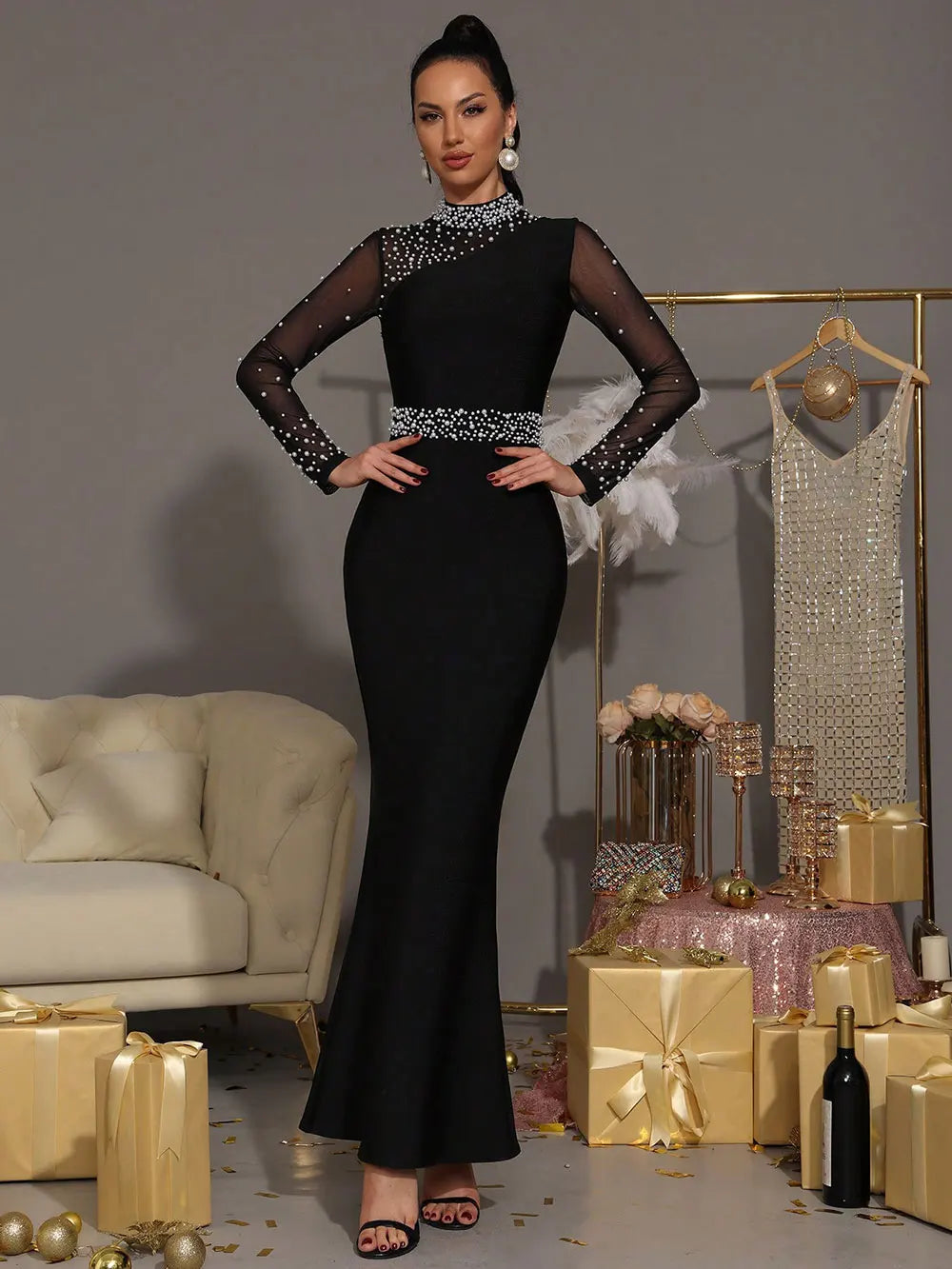 2025 Sexy Women Light Luxury Nail Bead Patchwork Bandage Dress Stand Collar Long Sleeved Bodycon Black Long Dress Party Vestidos