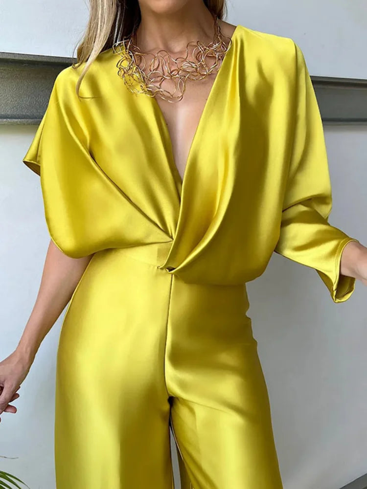 Women's Solid Color Jumpsuit Spring Summer Adult Female V-neck Sexy Short Sleeves High Waist One-piece Suits