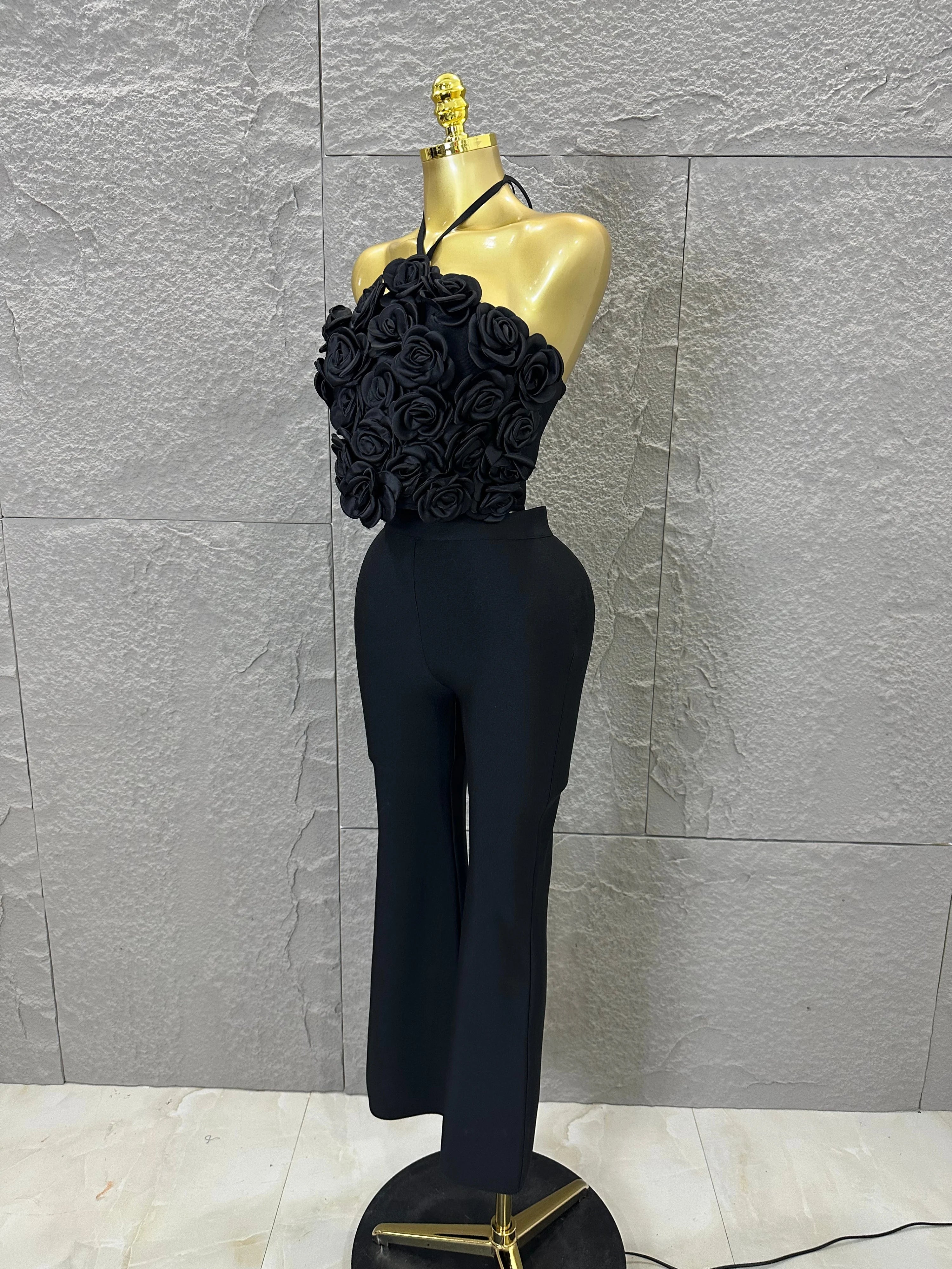 Elegant Two Piece Set Women Halter 3D Flower Crop Top High Waist Flare Pants Bandage Suit Party Casual Formal Wear