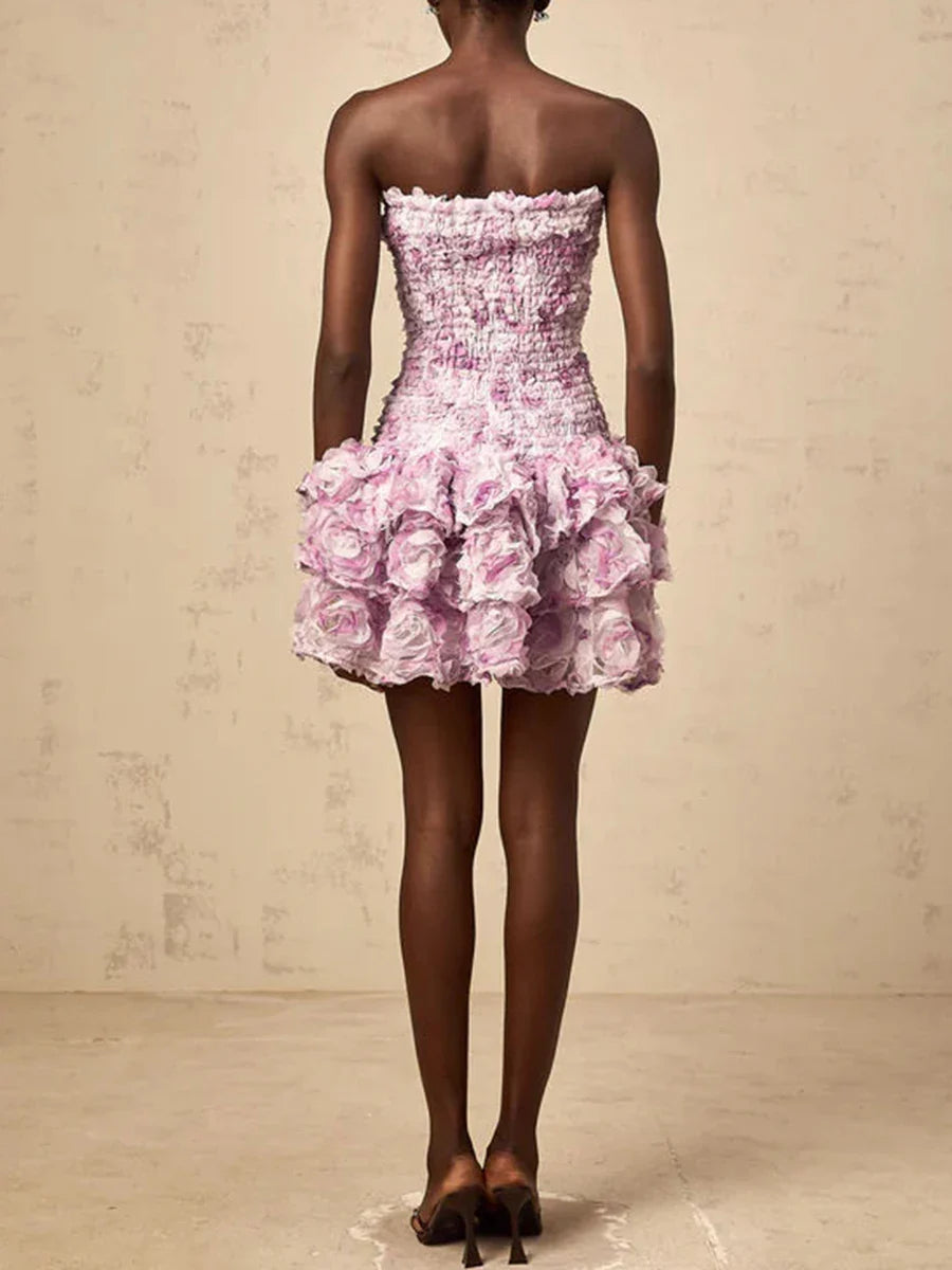 Colorblock Fashion Temperament Dresses for Women Strapless Sleeveless Patchwork 3D Flowers Dress Female Clothing