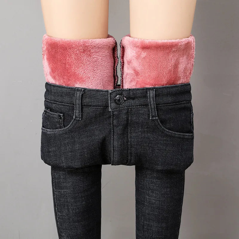Women Thermal Jeans Winter Snow Warm Plush Stretch Jeans Lady Skinny Thicken Fleece Denim Long Pants Retro Pencil Trousers 3