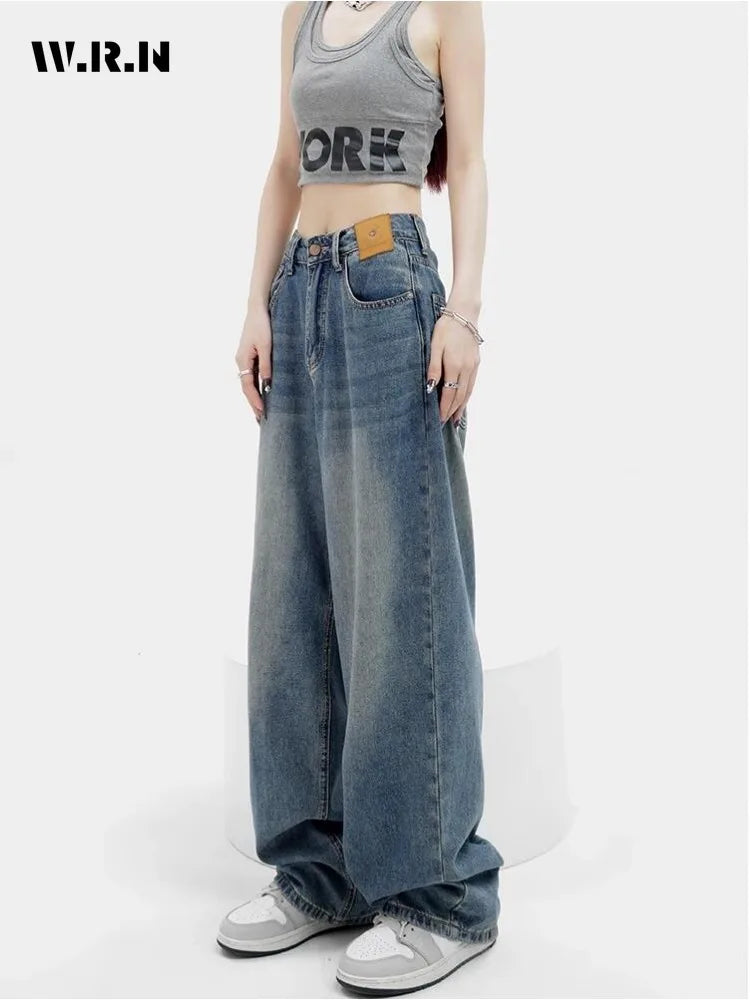 Women Retro Aesthetic Wide Leg Baggy Casual Denim Trouser Harajuku Blue High Waist Loose Jeans Spring Fashion Pants