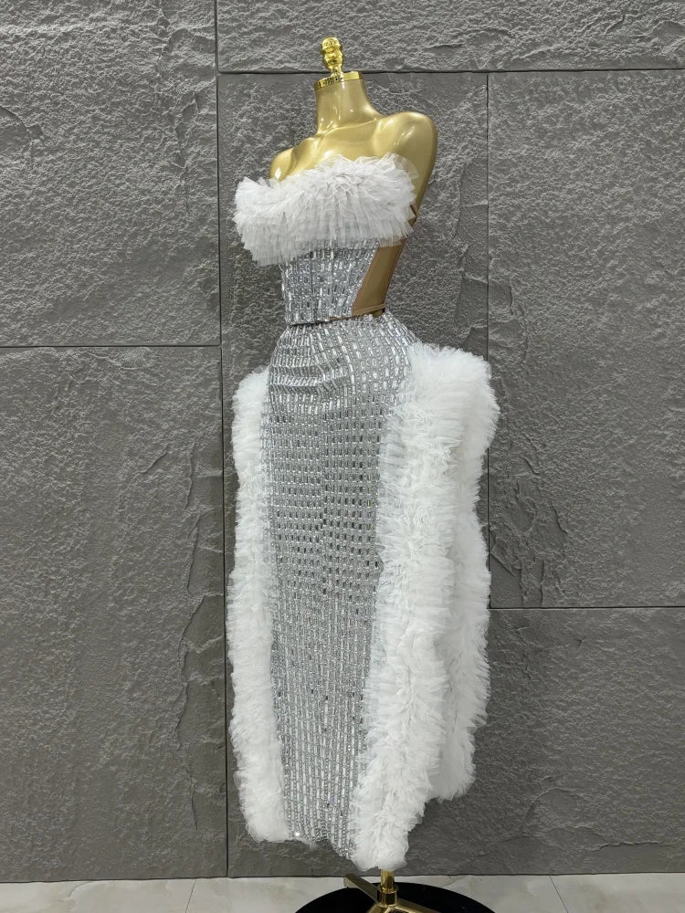 STOCK Women Sexy Mesh Ruffles 2 Pieces Laced-up Ball Gown Long Dress Fashion Nightclub Party Performance Costume Stage Wear