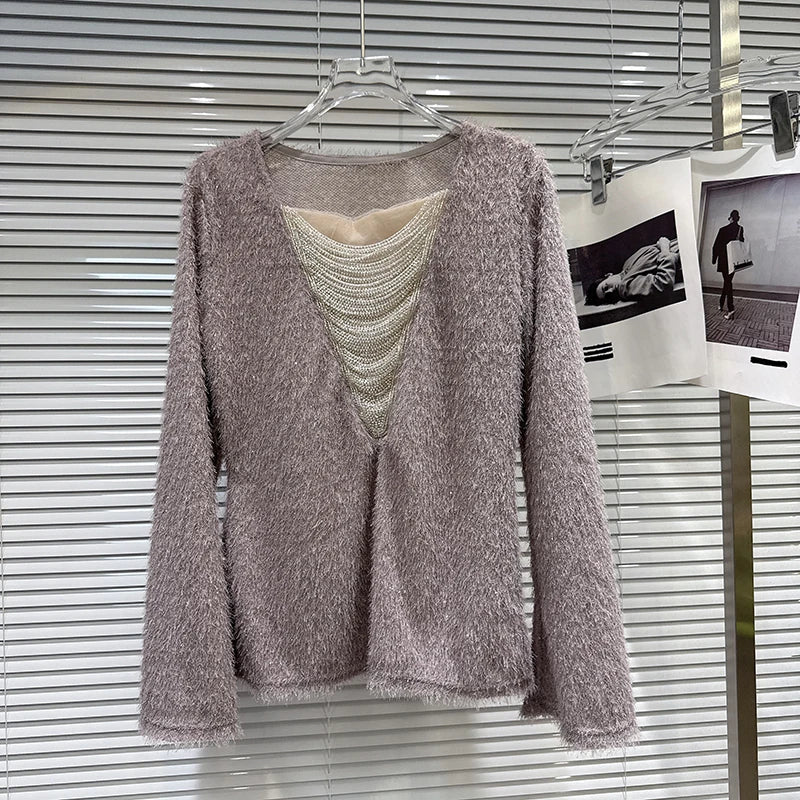 Winter New Fashion V-neck Beaded Tassel Chain Design Fluffy T-shirt For Women Loose Versatile Pullover Female 11A07943 Purple One Size