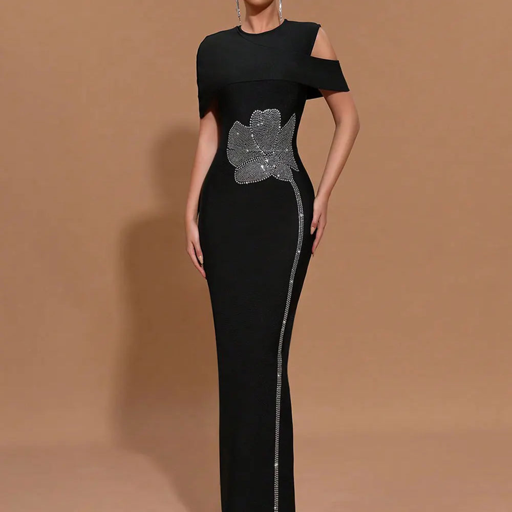 2025 Elegant Women Light Luxury Hot Diamond Flower Design Bandage Dress O-Neck Shoulder Bodycon Long Dress Evening Party Vestido