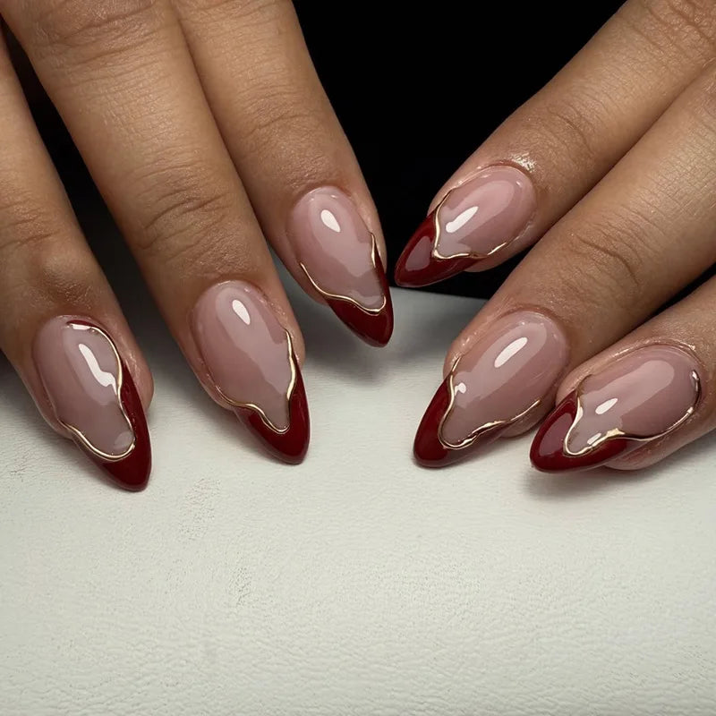 24Pcs French Retro Red Nail Art Full Cover Irregular Gilded Minimalism Press on Fake Nails Detachable Mid-length Almond Manicure 1