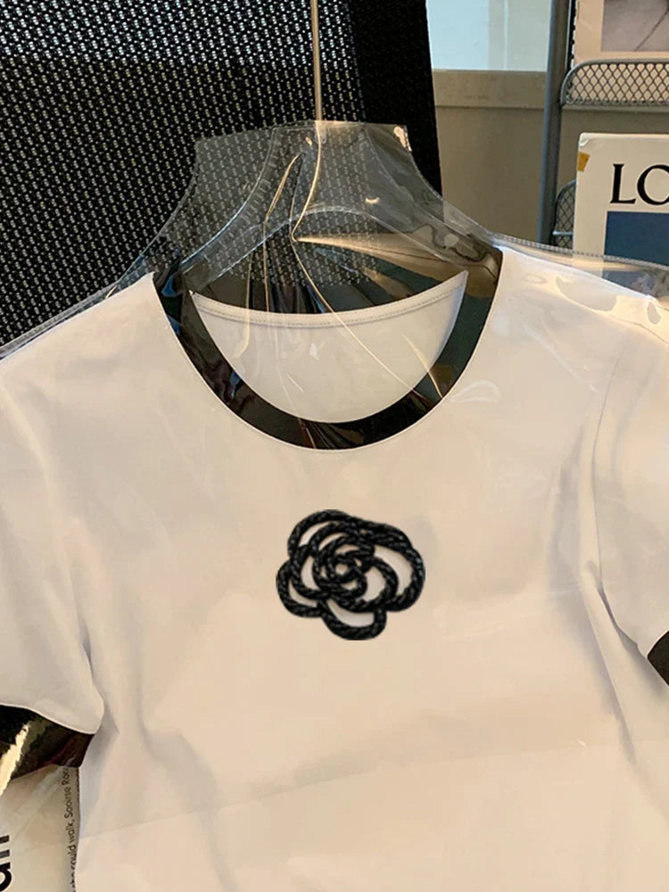 Summer Short Sleeved Stereo Flower T-Shirts Woman Clothes Ropa De Mujer New O Neck Y2k Fashion Top Female White T Shirt
