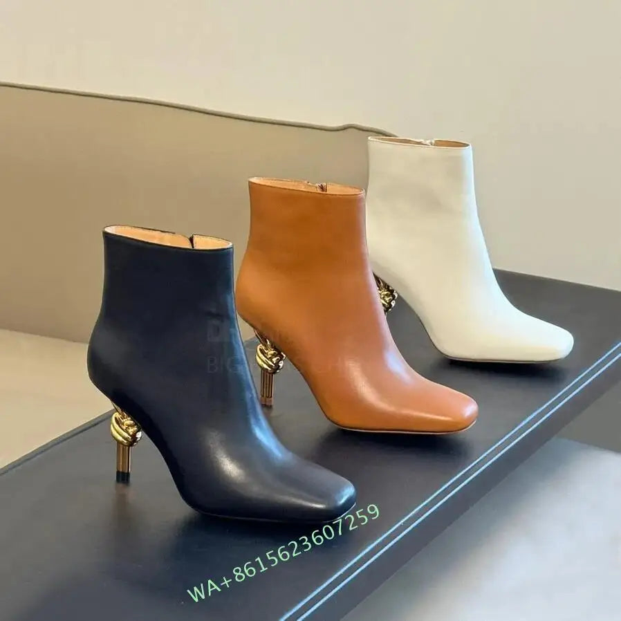 Women Metal Knot Shaped Heel Boots High Heel Ankle Nude Boots Elegant Office Side Zip Square Toe Heels Boots