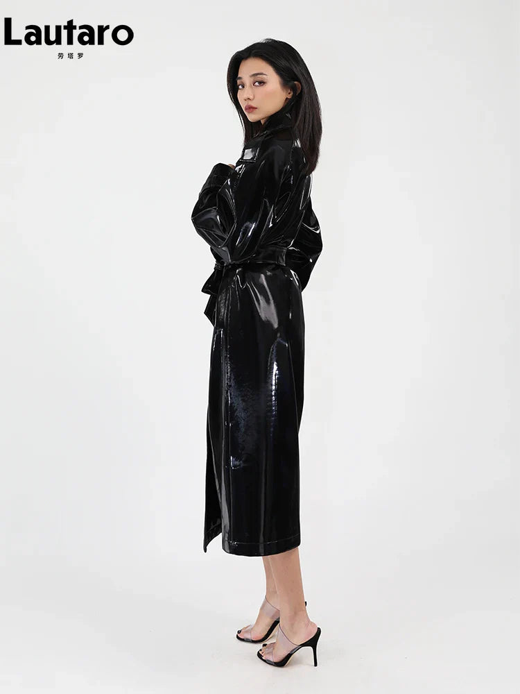 Spring Autumn Long Shiny Reflective Patent Leather Trench Coat for Women Sashes Luxury Designer Runway European Fashion