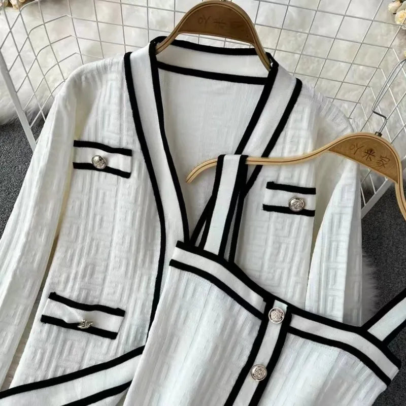 Runway Casual Long Sleeve V Neck Cardigan Coat Top + Sling Vest + Shorts Chic Knitted Vintage Female Luxury Women's 3 Piece Sets