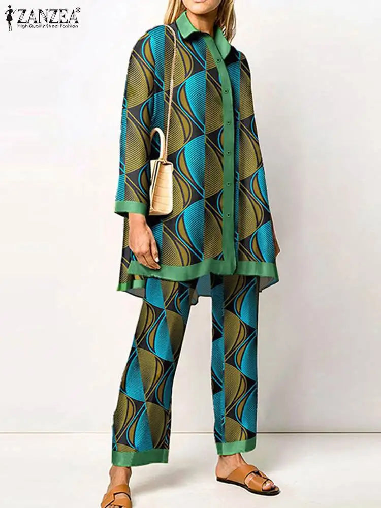 Fashion Retro Printed 2pcs Pant Sets ZANZEA Holiday Long Sleeve Lapel Shirts Outfits Elegant Women Long Trouser 2023 Tracksuit