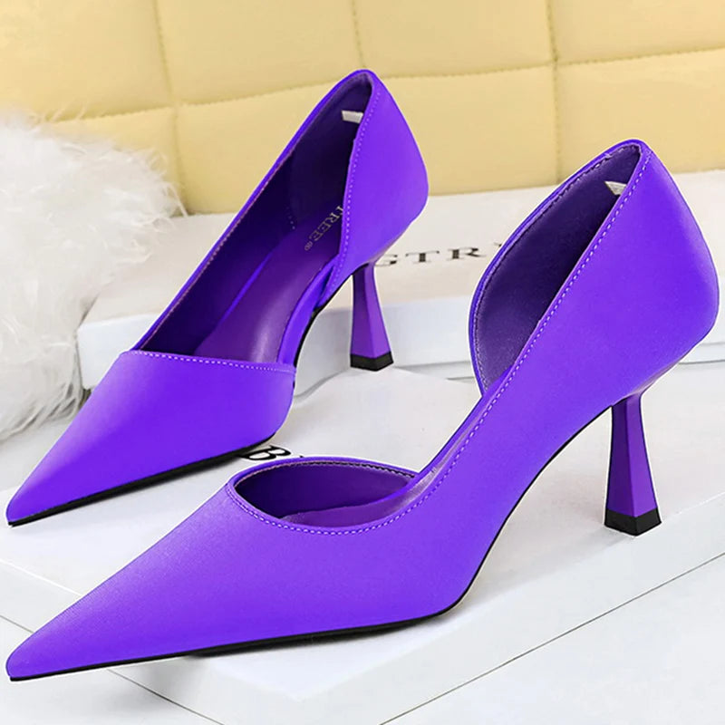 Women 7cm High Heels Green Purple Red Pumps Small Size 34-40 Stripper Evening Silk Escarpins Lady Wedding Bridal Scarpins Shoes Purple