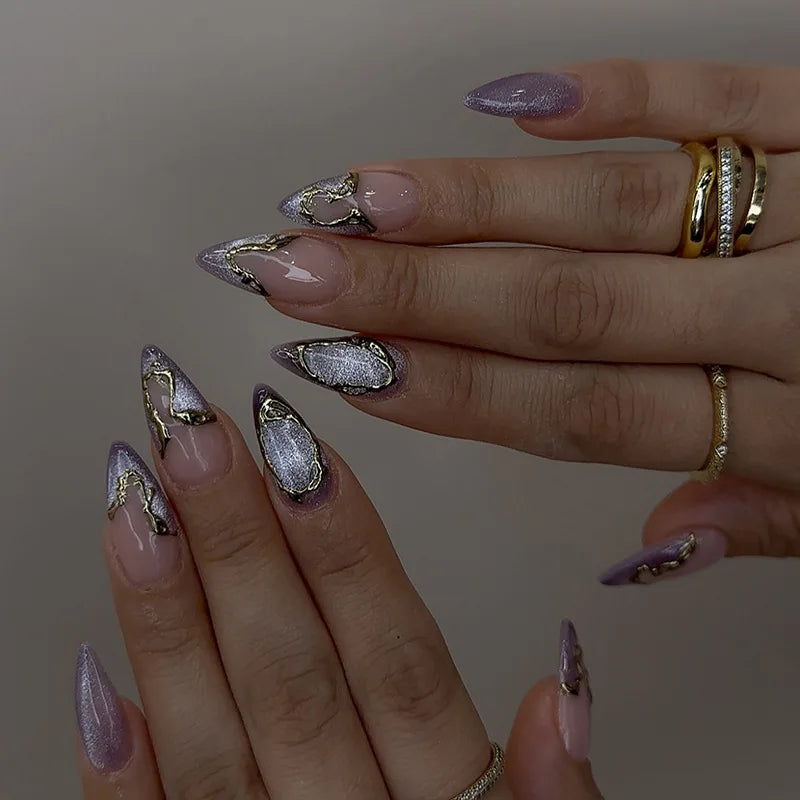 24Pcs Simple False Nails French Design Short Almond Fake Nails Glitter Blue Round Head Full Cover Nail Tips Oval Press on Nails 1904