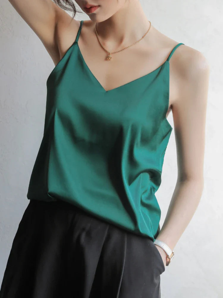Grey Camisoles for Women Acetate SATIN Loose Summer Spaghetti Strap Tank Top Solid V-neck Fashion Sexy Backless Tanks & Camis