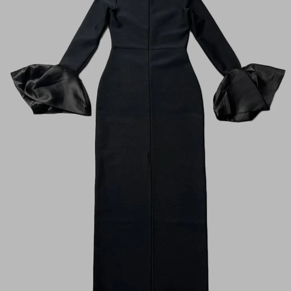 2024 Women's Light Luxury Beaded Elegant Bandage Dress Stand Collar Horn Sleeve Bodycon Long Dresses Evening Club Party Vestidos