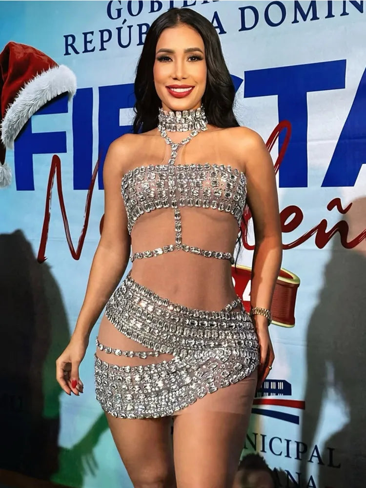 Ladies Celebrity Women Sexy Tank Crystal Diamonds Mesh Mini Dress Birthday Party Costume Bar Nightclub Stage Performance Outfit Beige