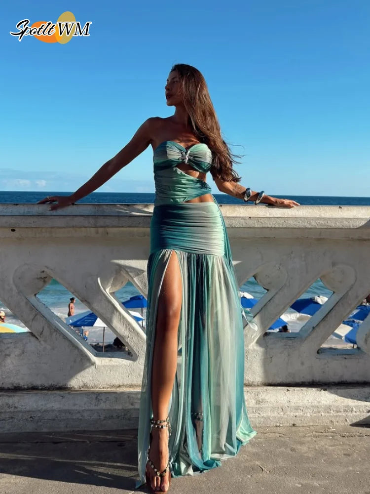 Chic Gradient Hollow Out Blue Dress Women Elegant Cut Out Mesh High Slit Off Shoulder Vestidos Summer Lady Vocation Party Robes